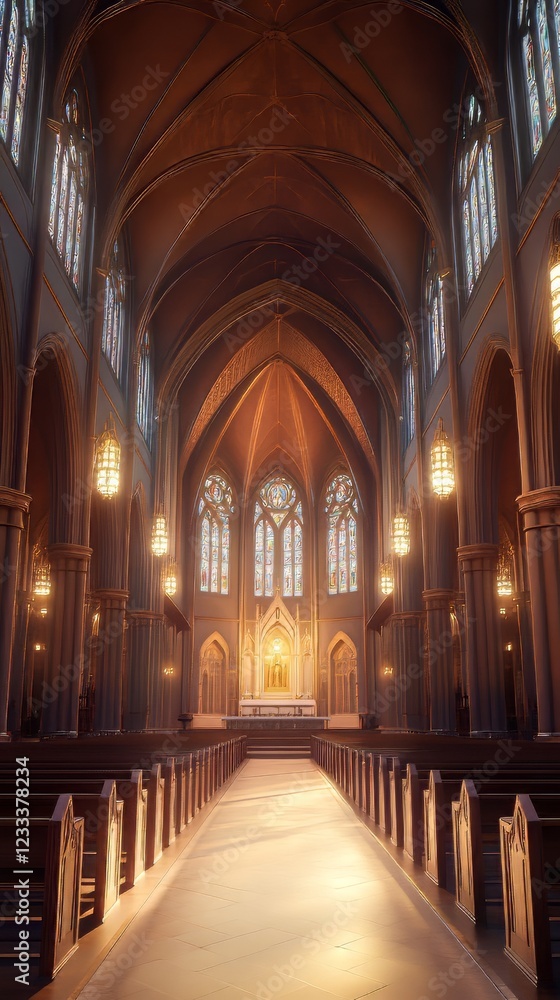 Fototapeta premium Sunlit church interior, peaceful scene