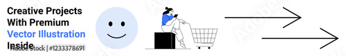 Woman sitting on a box shopping online with a cart, happy face, and arrows indicating progress. Ideal for e-commerce, creativity, innovation, growth, productivity, online shopping flat landing page