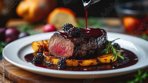 Fototapeta Naklejka Na Ścianę i Meble -  Seared beef fillet with blackberry reduction sauce.