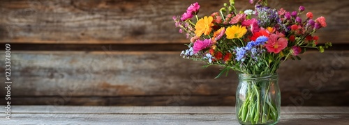 Wallpaper Mural A bright bouquet of wildflowers in a glass jar, set against a rustic wooden table Torontodigital.ca