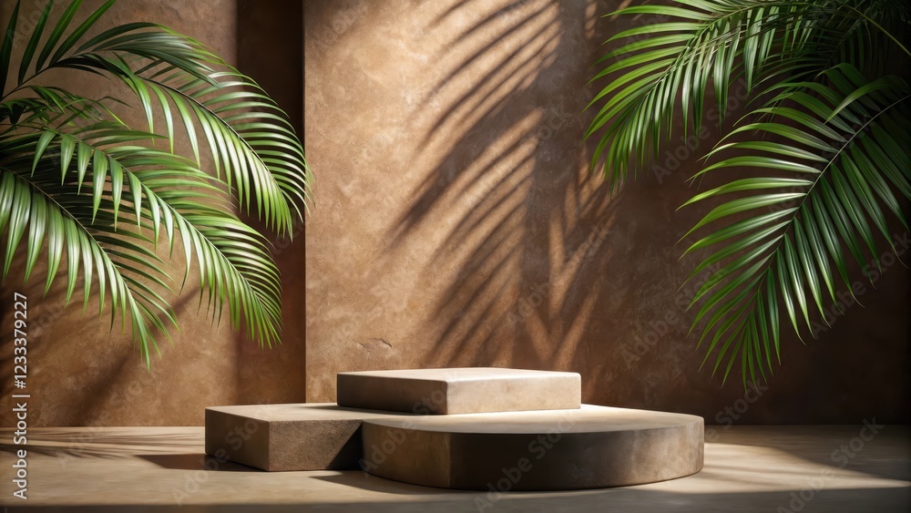 Fototapeta premium minimalist premium podium with natural stone slabs and palm-leaf shadows on brown wall, minimalist podium, clean design