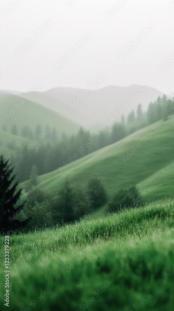 Fototapeta premium Lush Green Rolling Hills Covered in Fog and Wildflowers in a Tranquil Landscape