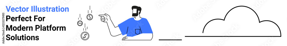 Fototapeta premium Man in blue shirt tossing coins beside an outlined cloud. Ideal for finance, technology, innovation, savings, cloud computing, modern solutions, flat landing page banner