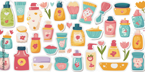 Cosmetic products stickers set. Woman skincare and hygiene scrapbooking collection. Shampoo, sheet mask, spf spray, serum, brush and other beauty elements. Modern cartoon concept