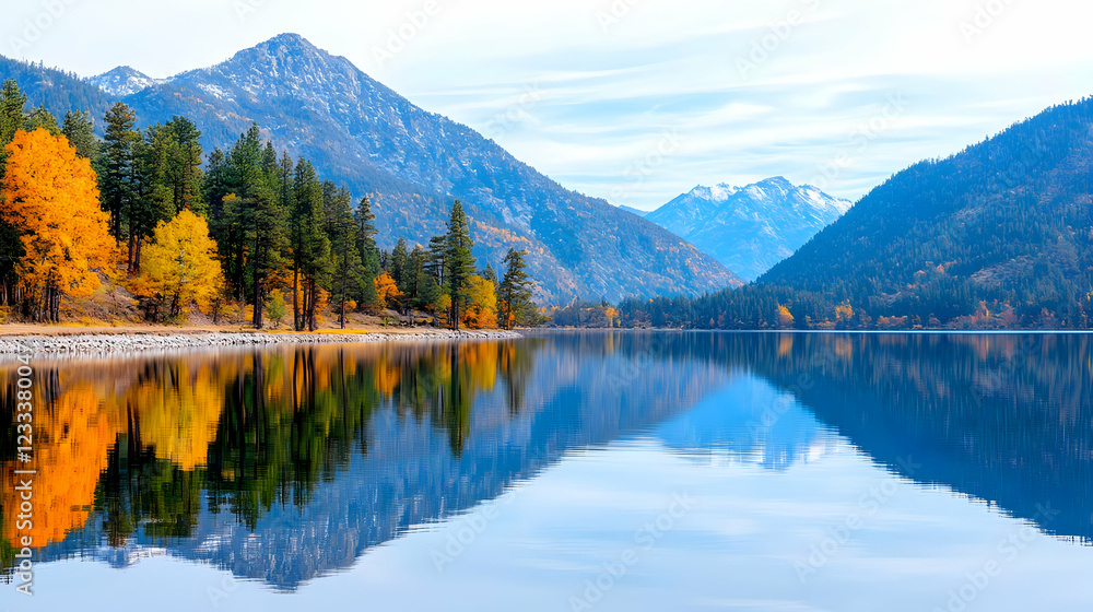 Fototapeta premium Autumn lake reflection, mountain vista, calm water, fall foliage