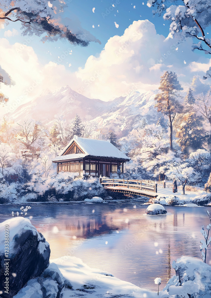 Fototapeta premium Tranquil Winter Scene with Wooden House and Pond