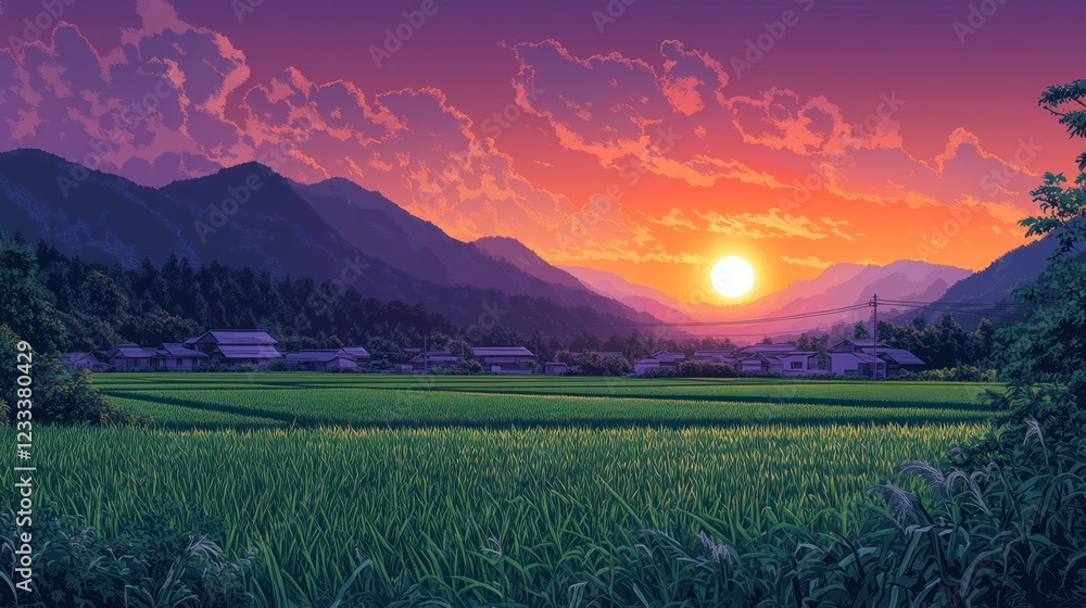 Obraz premium Sunset over rural Japanese village, rice paddies, mountains
