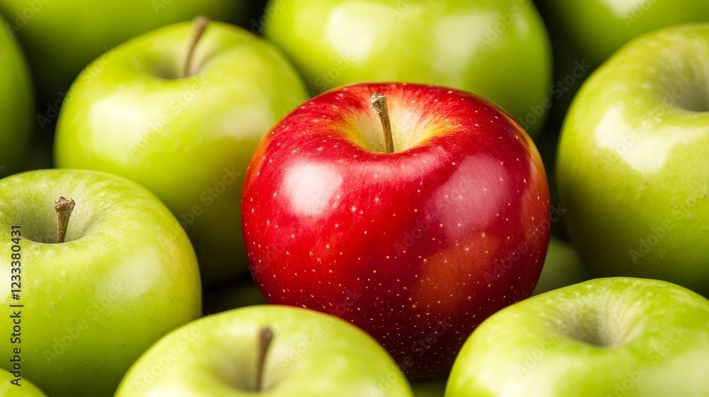 A vibrant red apple stands out among a cluster of fresh green apples, showcasing nature's bounty A vibrant red apple stands out among a cluster of fresh green apples, showcasing nature's bounty