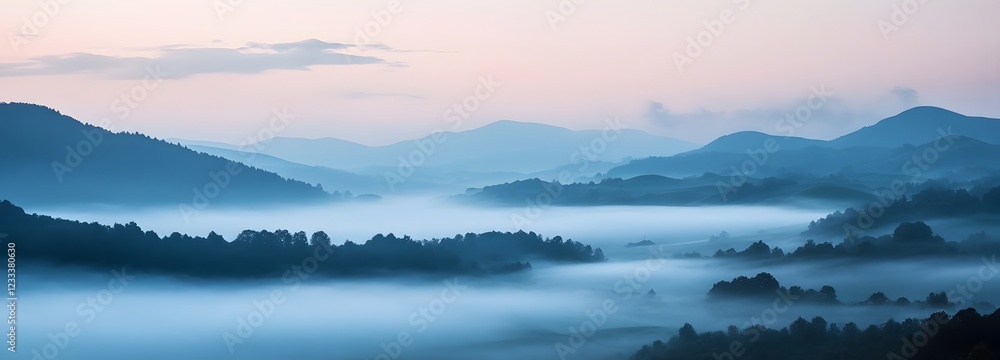 Fototapeta premium A misty, fog-filled landscape with distant hills and a soft pastel sky at dawn
