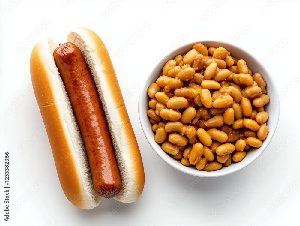 Delicious Hot Dog Served with Flavorful Baked Beans Against a Crisp, Clear Background Delicious Hot Dog Served with Flavorful Baked Beans Against a Crisp, Clear Background