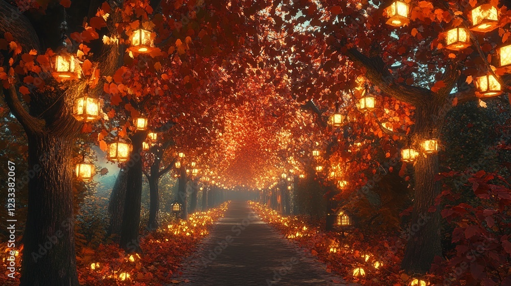 Naklejka premium Enchanting Autumn Lane Illuminated Path Through Crimson Trees