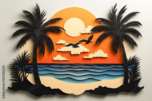 3D paper cut art of palm trees and a sunset on the beach, with a flat design.