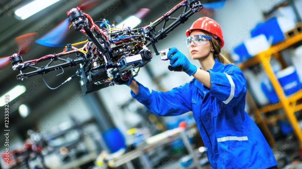 Female Engineer Inspecting Drone Technology in Factory Female Engineer Inspecting Drone Technology in Factory