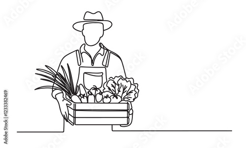 continuous one line art drawing of gardener holding box with full of vegetables, illustration doodle style on white background