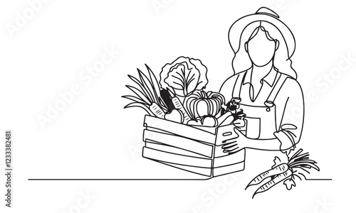 continuous one line art drawing of gardener holding box with full of vegetables, illustration doodle style on white background