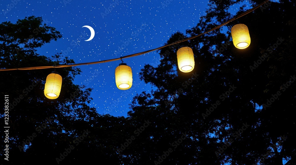 Night Sky Serenity: Illuminated Lanterns Under a Crescent Moon Night Sky Serenity: Illuminated Lanterns Under a Crescent Moon