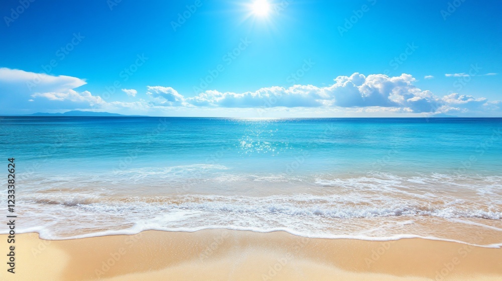 Fototapeta premium Idyllic beach scene with clear turquoise water, soft white sand, and a bright blue sky above and fluffy clouds