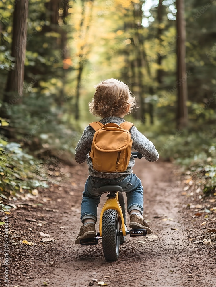 Playful Toddler Riding Balance Bike on Forest Trail, Symbolizing Adventure and Independence Playful Toddler Riding Balance Bike on Forest Trail, Symbolizing Adventure and Independence