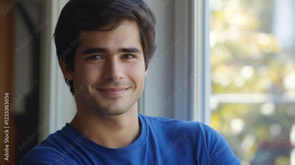 Young man smiling warmly, soft light enhancing his cheerful expression, minimal background. Young man smiling warmly, soft light enhancing his cheerful expression, minimal background.