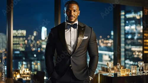 Elegant man in tuxedo poses confidently in a luxurious restaurant overlooking a city skyline at night