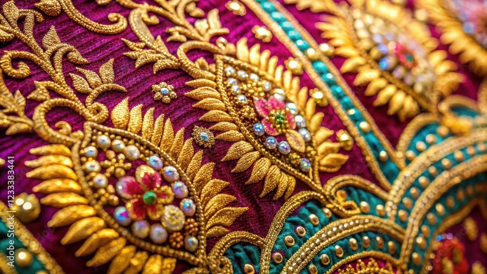 Delicate gold thread woven into intricate patterns on a traditional Indian sari fabric, creating a beautiful tapestry of colors and textures , saree, luxury fabric Delicate gold thread woven into intricate patterns on a traditional Indian sari fabric, creating a beautiful tapestry of colors and textures , saree, luxury fabric