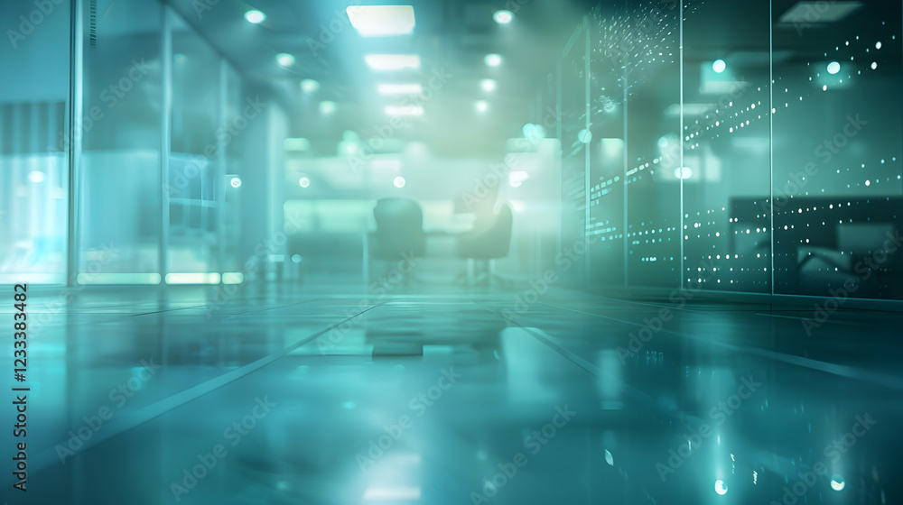A modern office space with a sleek design, illuminated by soft blue lighting. A modern office space with a sleek design, illuminated by soft blue lighting.