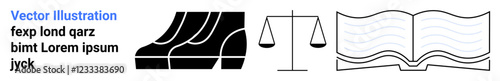 Judge gavel, balanced scales, and an open legal book symbolizing justice, law, and education. Ideal for law firms, courts, legal education, justice system corporate ethics fairness and flat