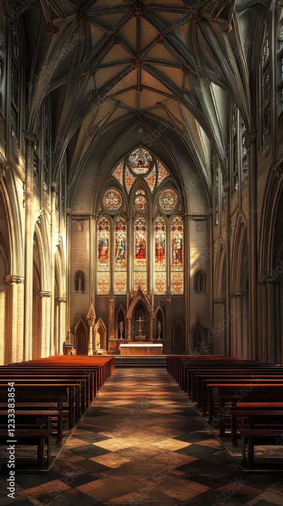 Fototapeta premium Tranquil church interior, sunlit.