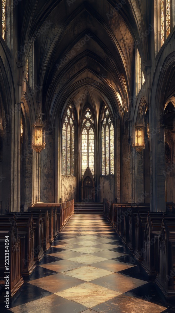 Sunlit cathedral aisle, serene and grand. Sunlit cathedral aisle, serene and grand.