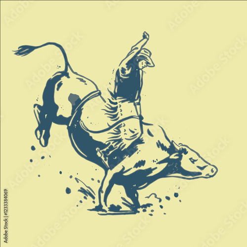 A man is riding a bull and is about to fall off. The image has a strong and daring mood