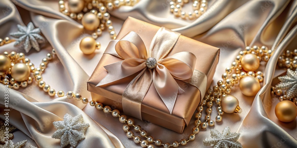 Luxurious gift wrapped in satin fabric surrounded by elegant decorations and ornate accessories , satiny texture, decorative accents