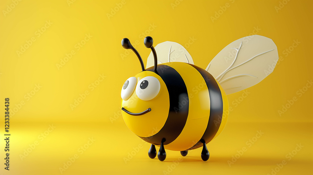 A charming and happy 3D-rendered bee character with a round body, big eyes, and tiny wings, set against a bright yellow backdrop A charming and happy 3D-rendered bee character with a round body, big eyes, and tiny wings, set against a bright yellow backdrop