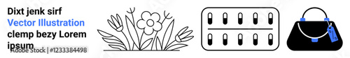Floral motif with leaves, pill blister pack, and fashion handbag with tassel. Ideal for nature, health, medicine, fashion, feminine lifestyle wellness. Perfect for a flat landing page banner