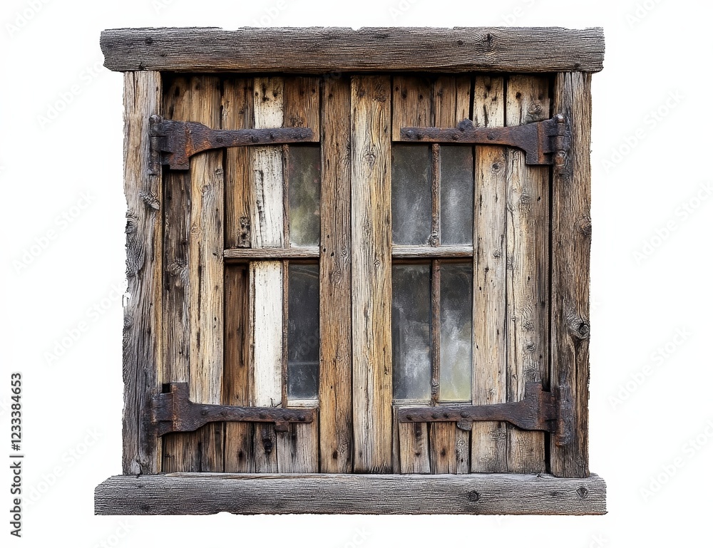 Rustic wooden window with aged shutters and metal hinges. Rustic wooden window with aged shutters and metal hinges.