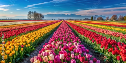 Wallpaper Mural Vibrant tulip fields stretching as far as the eye can see in a bright sunny day, tulips, colorful garden,  tulips Torontodigital.ca