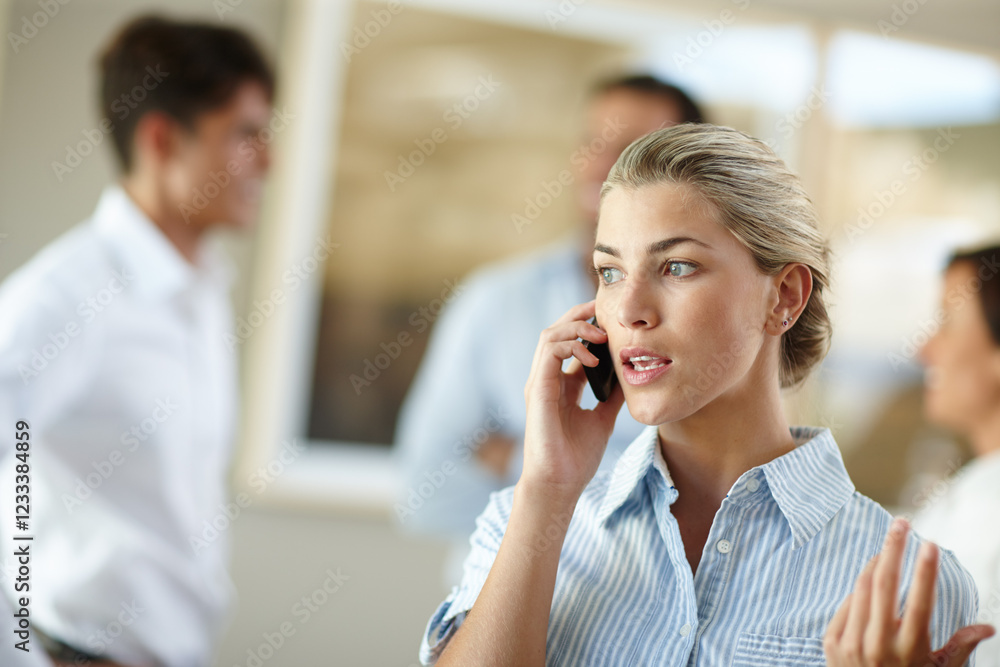 Business woman, phone call and frustrated with question at meeting for crisis, deadline and bad deal in office. Person, smartphone and confused with stress, networking and contact at insurance job Business woman, phone call and frustrated with question at meeting for crisis, deadline and bad deal in office. Person, smartphone and confused with stress, networking and contact at insurance job