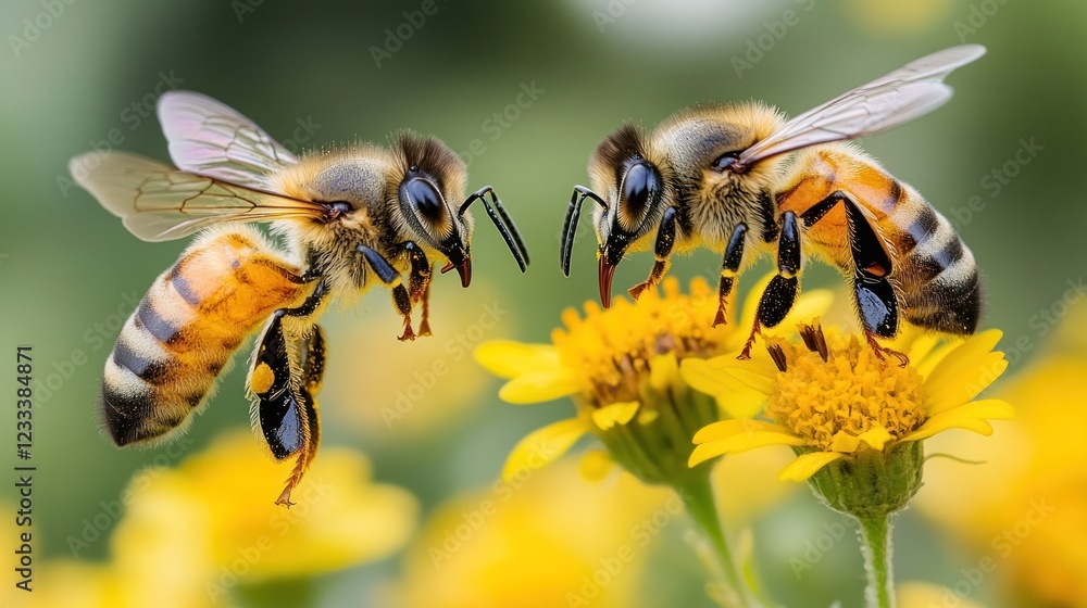 Two bees pollinating yellow flower, garden, nature Two bees pollinating yellow flower, garden, nature