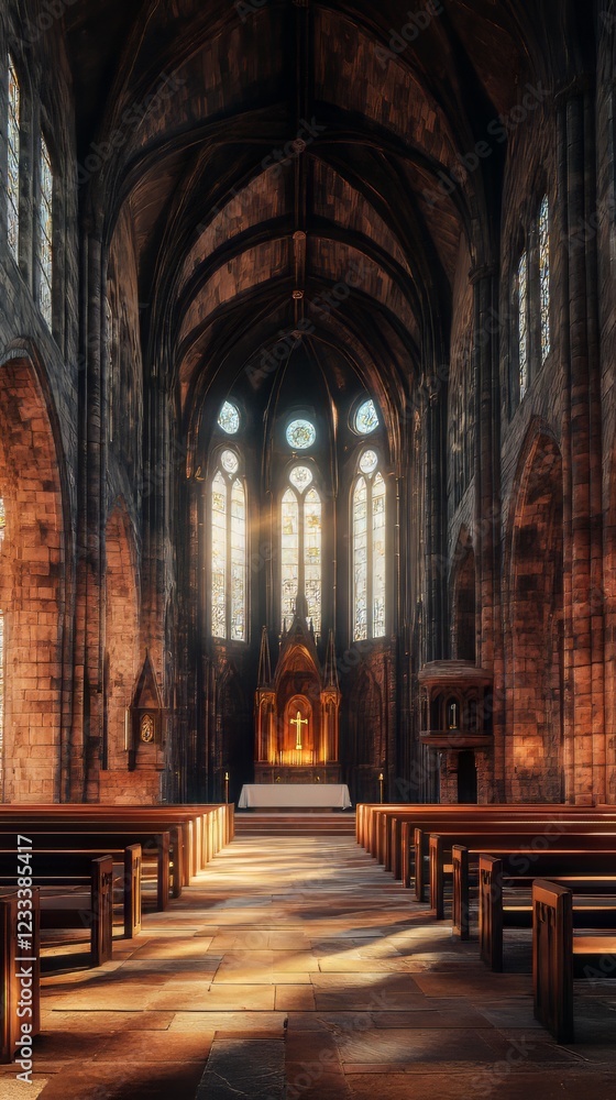 Fototapeta premium Sunlit church interior, serene and peaceful.