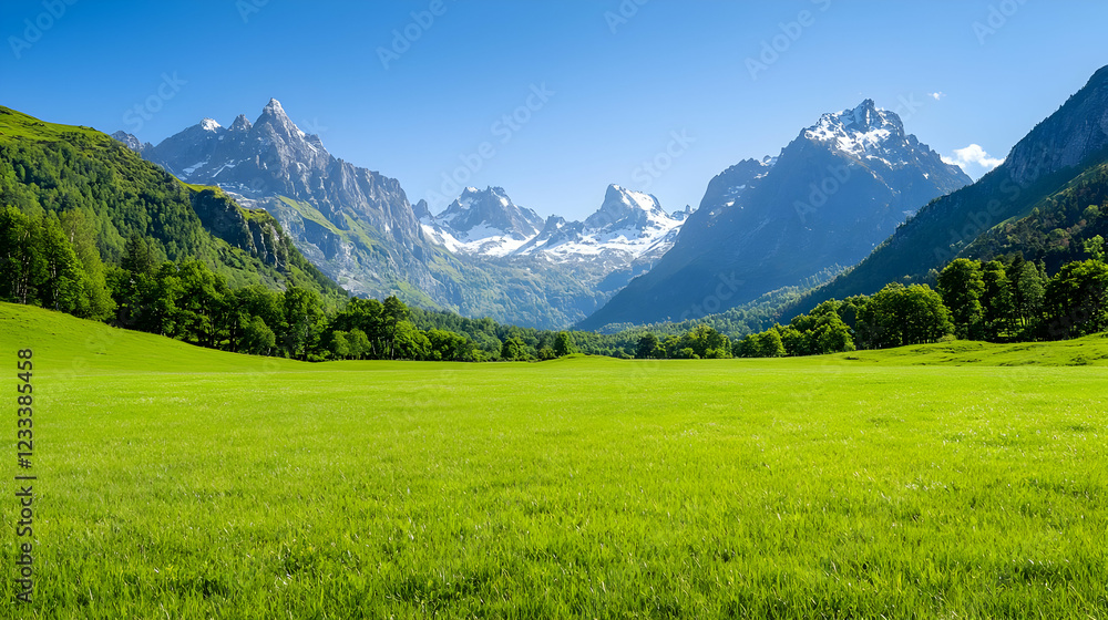 Fototapeta premium Sunny Alpine meadow, majestic mountains, green pasture, travel postcard