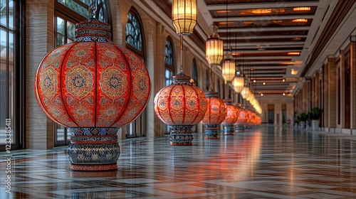 Ornate Lanterns Illuminate Grand Hallway