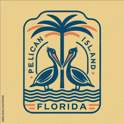 A blue and orange logo of two pelicans with a palm tree in the background
