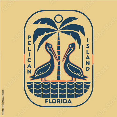 A blue and orange logo of two pelicans with a palm tree in the background