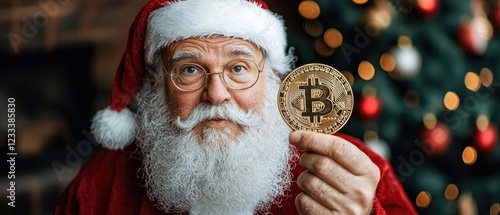 Santa Claus holding a Bitcoin in front of a Christmas tree.