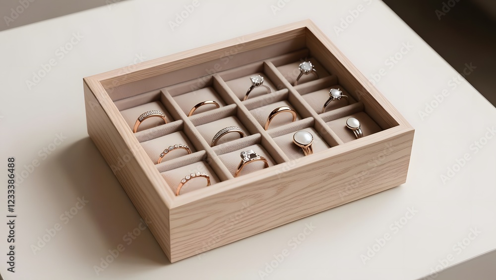 Elegant Jewelry Box with an Array of Stylish Rings on Cream Surface Elegant Jewelry Box with an Array of Stylish Rings on Cream Surface