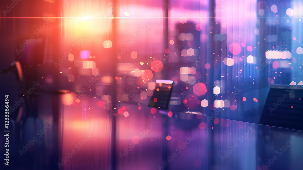 A modern office space with a blurred cityscape and colorful bokeh effects. A modern office space with a blurred cityscape and colorful bokeh effects.