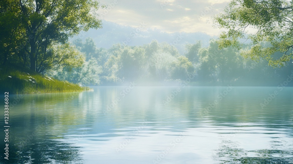 Serene Lake Scene with Misty Trees and Calm Water Reflecting the Soft Light Serene Lake Scene with Misty Trees and Calm Water Reflecting the Soft Light