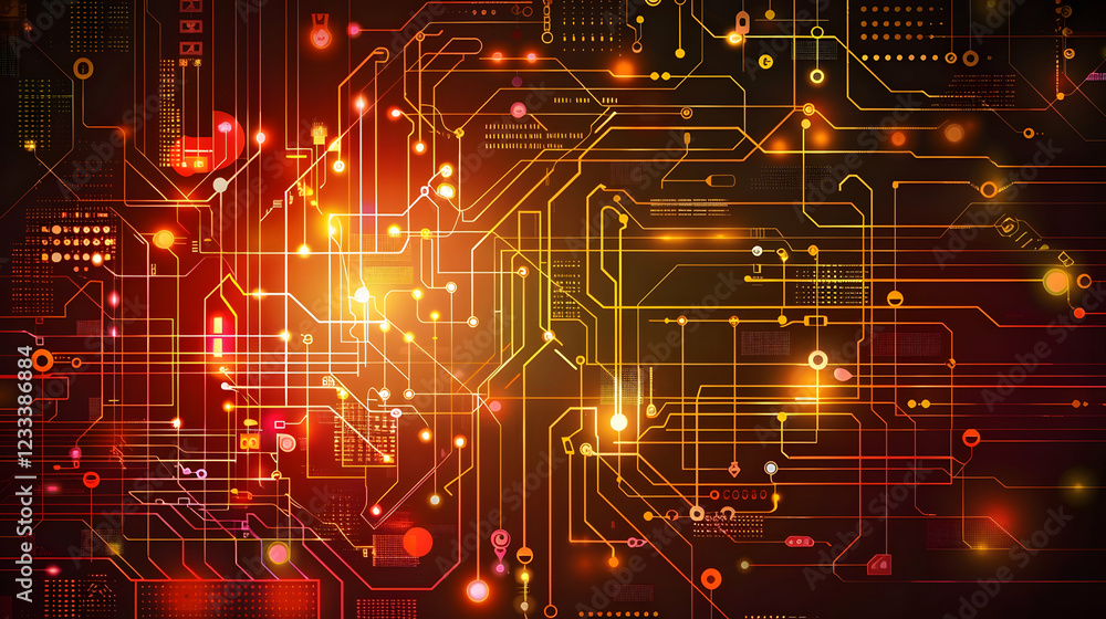 Fototapeta premium Abstract digital circuit design with glowing elements and lines.
