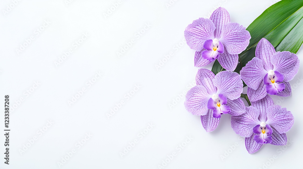 Naklejka premium Lavender orchids, leaf, white background, spa concept