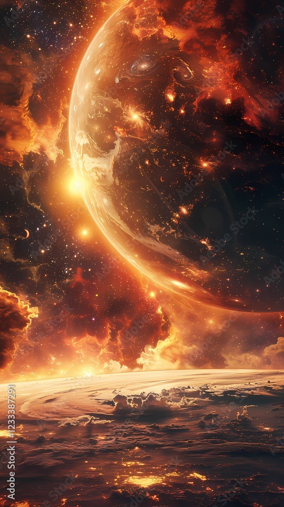 Fototapeta premium Digital technology orange pink future universe galaxy poster background