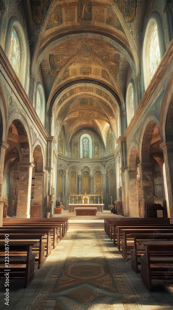 Fototapeta premium Sunlit church interior, peaceful and grand.